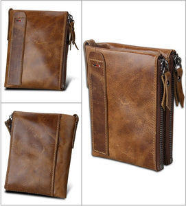 Crazy Horse Genuine Leather Double Zipper Wallet - 5 Colors