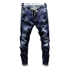 Load image into Gallery viewer, Distressed Ripped Skinny Tapered Jeans w/ Drawstring
